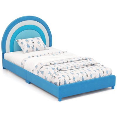 Infans Kids Twin Platform Bed Frame Upholstered Twin Size Bed w/ Wooden Slats Support