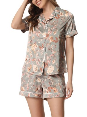 cheibear Women's Silky Floral Short Sleeves Sleepshirt with Pants Pjs Set 2  Pcs Grey X-Small