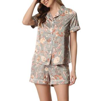 cheibear Women's Floral Button Down Shirt with Shorts Satin Pajamas Sets