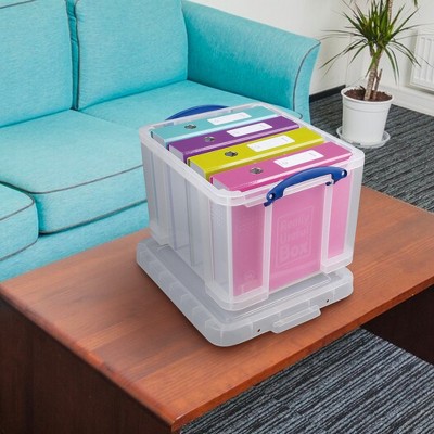 Clear 32L Plastic Stackable Storage Boxes with Blue Handles, Set of 3