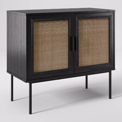 Emmet Black and Natural Wood Sideboard Buffet with Cane Doors