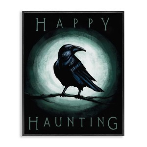 Stupell Industries Happy Hauntings Phrase Black Crow Perched Festive Halloween Framed Giclee Art - 1 of 4