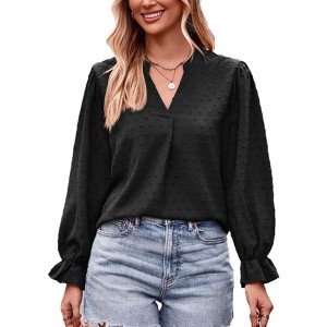 Women Boho Long Sleeve Shirts Dressy Casual v Neck Fall Fashion Tops Dot Flowy Blouses - 1 of 4