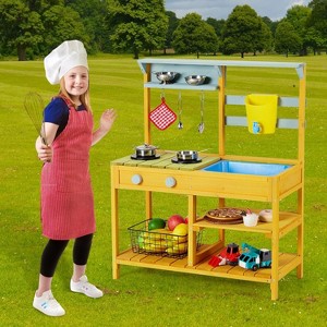 Garvee Wooden Play Kitchen,Pretend Mud Kitchen Set with Removable Sink & Faucet, Water Box, Stove Top,Storage Shelves(Yellow) - 1 of 4