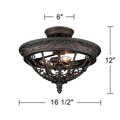 Elegant Scroll Rubbed Bronze Semi-Flushmount Ceiling Bowl Light, 20" Wide
