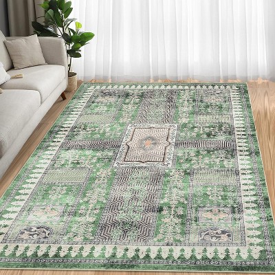 Vintage Washable Distressed Rug - Low Pile, Non-Slip & Stain-Resistant Floral Throw Carpet for Living Room, Bedroom or Dining Room