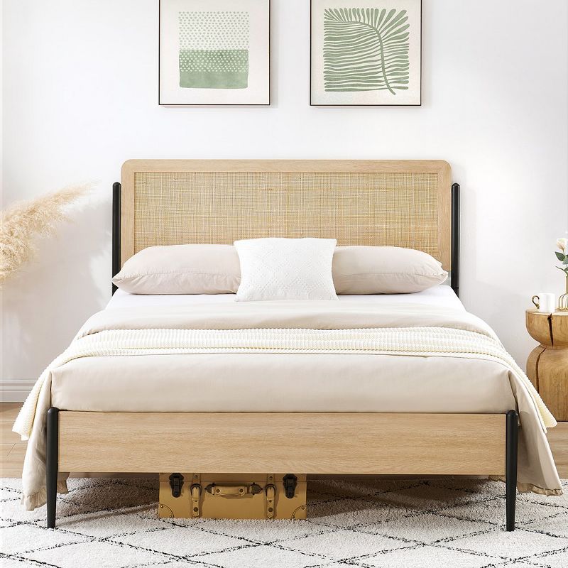 Whizmax Metal Bed Frame with Curved Rattan Headboard and Wooden Footboard, White Oak, 2 of 9