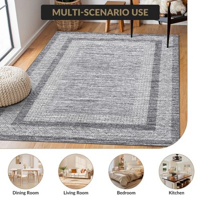 Modern Geometric Bordered Area Rug Non Slip Non Shedding Rug Soft Low Pile Floor Carpet Washable Thin Rug, Contemporary Distressed Rug