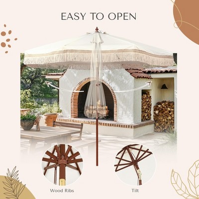 Ivory Chevron 9' Boho Patio Umbrella with Wooden Pole and Cotton Fringe