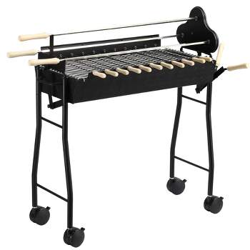 Outsunny Portable Charcoal BBQ Grills Steel Rotisserie Outdoor Cooking Height Adjustable with 4 Wheels Large / Small Skewers Portability