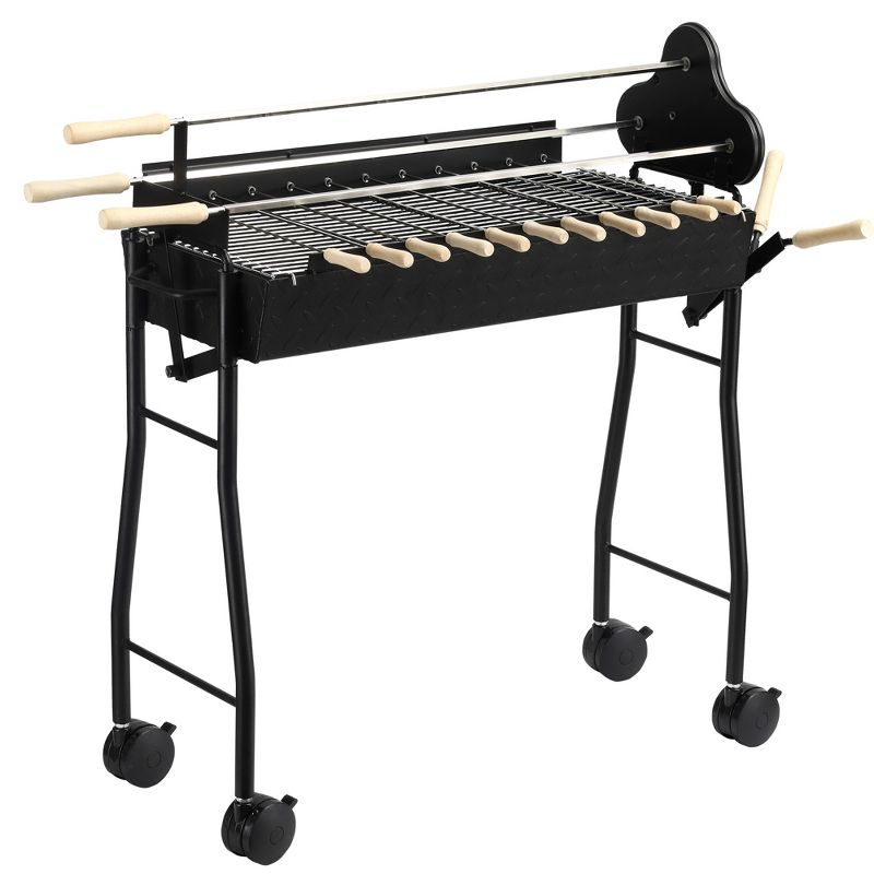 Outsunny Portable Charcoal BBQ Grills Steel Rotisserie Outdoor Cooking Height Adjustable with 4 Wheels Large / Small Skewers Portability, 1 of 10