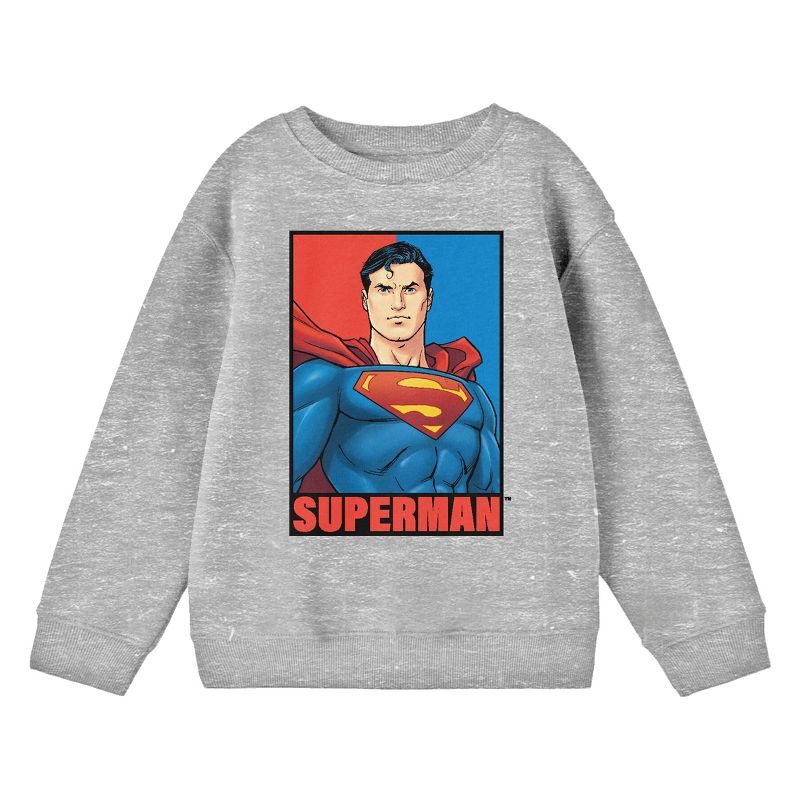 Superman Portrait Crew Neck Long Sleeve Athletic Heather Boy's Sweatshirt, 1 of 3