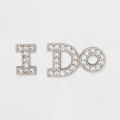 Cubic Zirconia "I Do" Post Earrings with Stones - Clear: Zinc Stud Jewelry, Bridal Accessory, 3.2cm Length