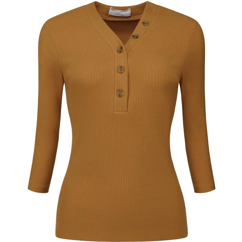 Hobemty Women's Basic V Neck Button 3/4 Sleeve Knitted Henley Shirts, 1 of 5