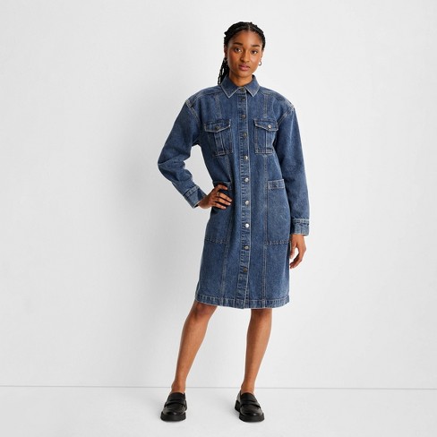 Women's Long Sleeve Button-up Denim Midi Dress - Future Collective