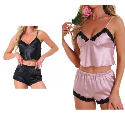INSPIRE CHIC Women's 4 Pcs Loungewear Satin Lace Sleeveless Spaghetti-Strap Removable Pad Cami & Shorts Pajama Set