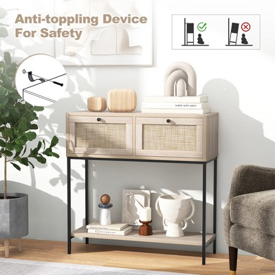 Natural Wood and Rattan Console Table with Metal Frame