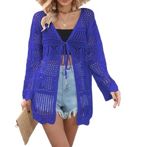 Women Crochet Cardigan Tie Front Long Sleeve Lightweight Cover Up Oversized Hollow Out Summer Cardigans - 1 of 4