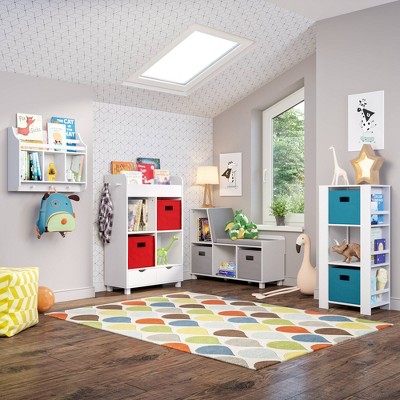Playtime White Wall-Mounted Shelf with Bookrack and Cubbies for Kids