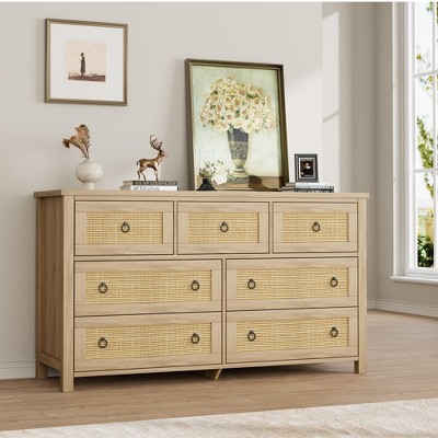 Rattan 7 Dresser for Bedroom, 47.2" Wide Dresser, Boho Wide Drawer Dresser with Storage, Wooden Closet Dressers Chest of Drawers, Natural