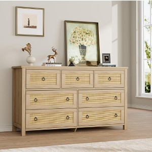 Rattan 7 Dresser for Bedroom, 47.2" Wide Dresser, Boho Wide Drawer Dresser with Storage, Wooden Closet Dressers Chest of Drawers, Natural - 1 of 4