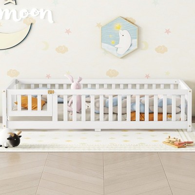 LOVMOR Twin Size Bed Floor Bed with Safety Guardrails and Door for Kids