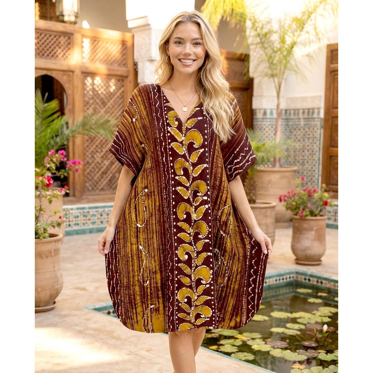 LA LEELA Summer Cotton Resortwear Caftan for Women Vacation Cruise Holiday Loungewear Maternity Friendly Beachwear Dress 2X-3X Brown Paisley - thumbnail 5