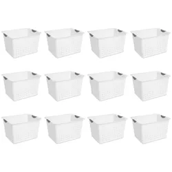 Sterilite 16'' x 13'' x 10'' Large Plastic Deep Ultra Nesting Storage Basket with Contoured Handles for Home and Office Organization, White (12 Pack)