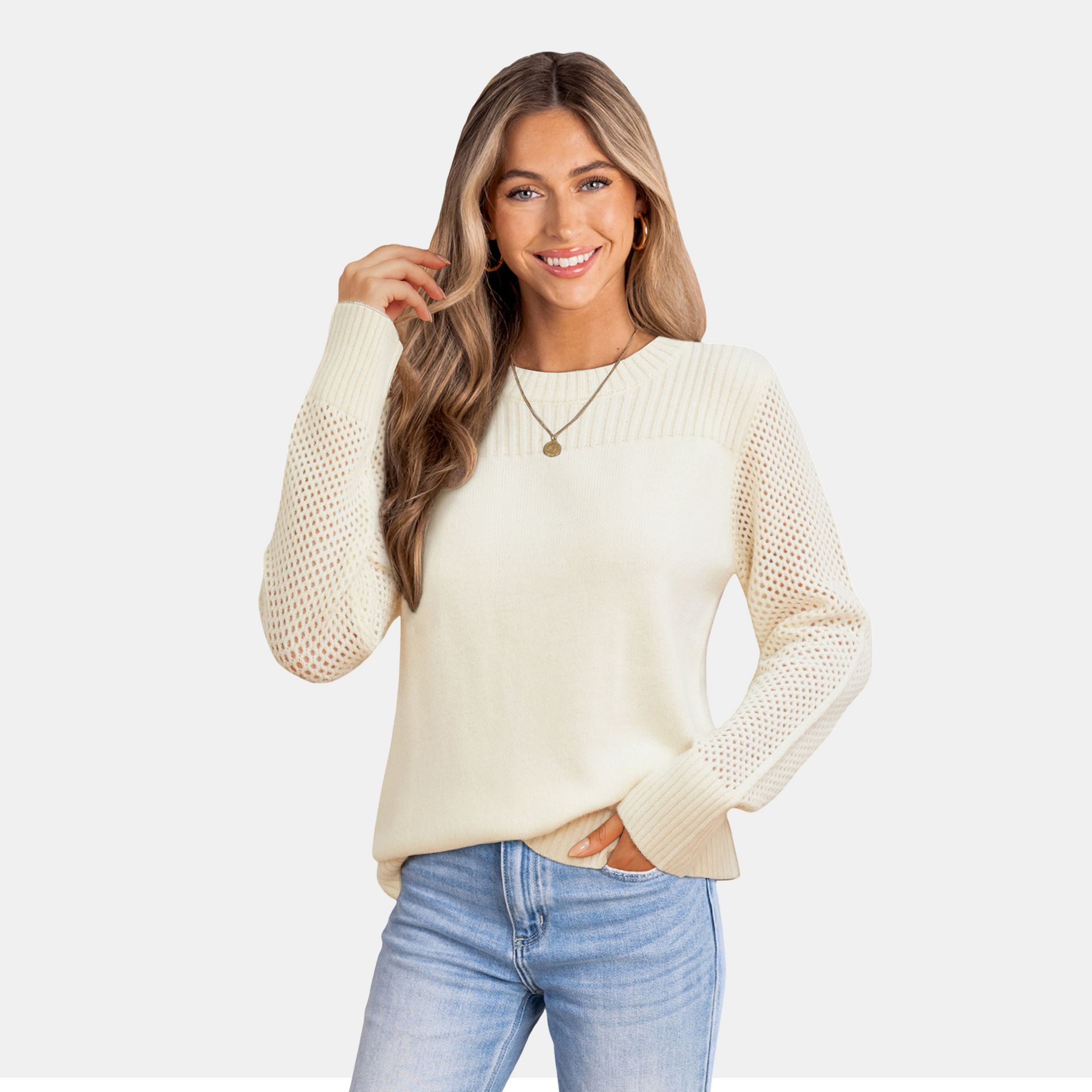 Women's Cozy Round Neck Long Sleeve Knit Sweater - Cupshe-S-White