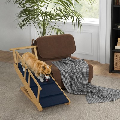 Adjustable Natural Pine Wood Dog Ramp with Non-Slip Mat