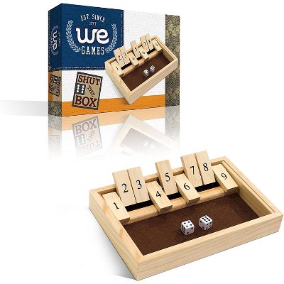 WE Games Shut the Box Board Game, Solid Natural Wood with Dice - 9 Number flip tiles, 11 inches, for Family and Adult Game Night Play in Classroom, Home or Bar