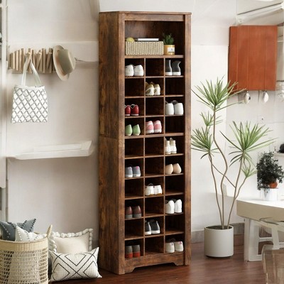 Alilang 24.40 Inch Rustic Wooden Shoe Storage Tower with 30 Cubbies - Rustic Brown