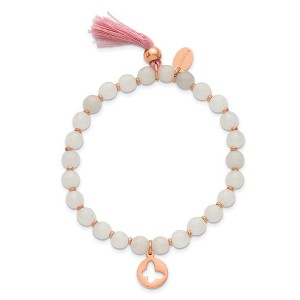 Chisel Stainless Steel Rose IP-plated Butterfly 6mm Pink Agate Beaded Stretch Bracelet with Tassel - 1 of 4
