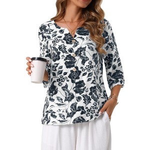 INSPIRE CHIC Women's 3/4 Sleeve Dressy Casual V Neck Boho Floral Button Decor Summer Blouse - 1 of 4