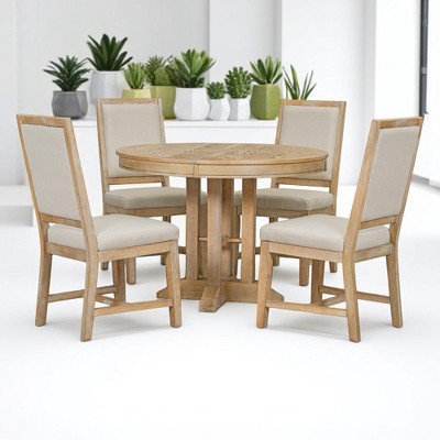 5-Piece Farmhouse Dining Table Set with Extendable Round Table, 4 Upholstered Chairs, MDF & Rubber Wood Frame, Modern Kitchen Set for Dining Room