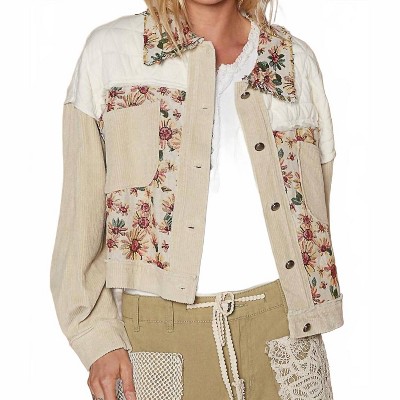 Women's Contrast Quilt Panel Corduroy Jacquard Jacket - POL
