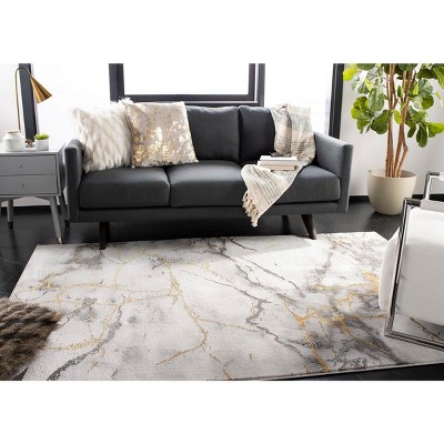 Gray and Gold Abstract Synthetic Round Area Rug