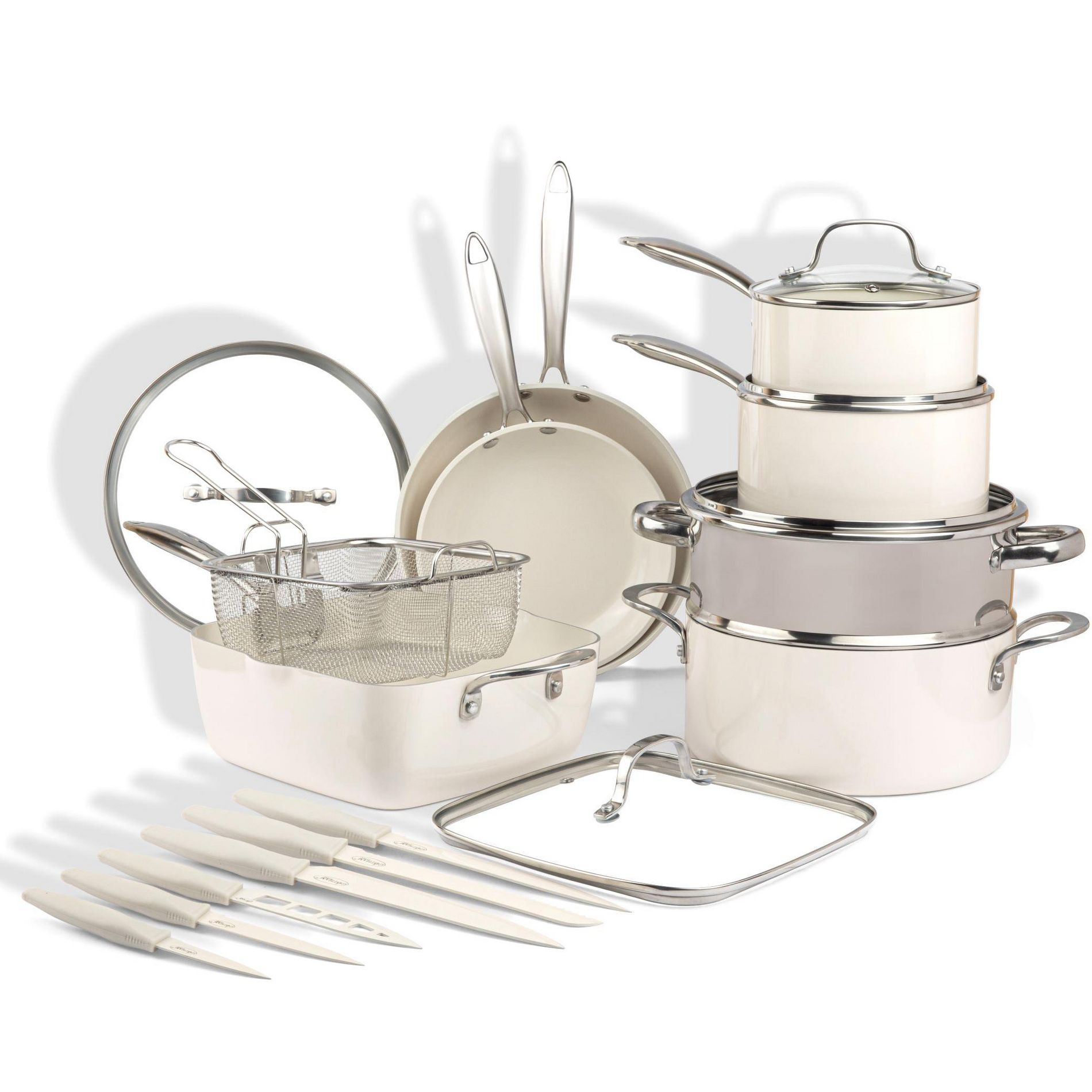Gotham Steel Cream 20 Pc Cookware Set and Nutriblade Knife Set