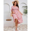 Womens Puff Sleeve Summer Floral Dress Plus Size Smocked Ruffle Square Neck Casual Dress Cute Midi Dress Pink2 Flower 3XL - 2 of 4