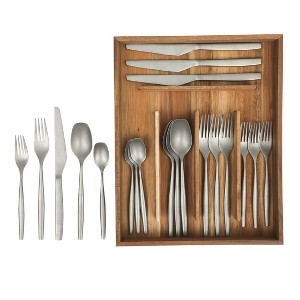 Bloomhouse 20 Piece Stone Washed Flatware 18/10 Stainless Steel Silverware Cutlery Utensil Set With Acacia Wood Caddy - Service for 4 - 1 of 4