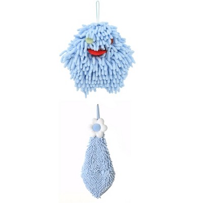 REGALWOVEN 2 Packs Soft Absorbent Flower Pattern Chenille Hand Towel with Loop 6" x 15"/7" x 7"