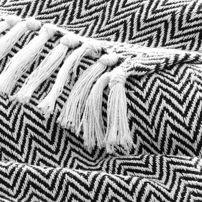 Black and White Herringbone Cotton Throw Blanket with Fringe