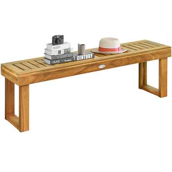 Tangkula Acacia Wood Outdoor Backless Bench Rustic Patio Dining Bench with Slatted Seat