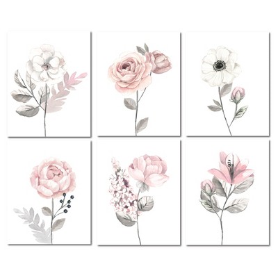 Lambs & Ivy Watercolor Floral Unframed Nursery Child Wall Art 6pc - Pink/Gray