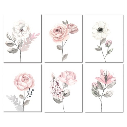 Lambs & Ivy Watercolor Floral Unframed Nursery Child Wall Art 6pc -  Pink/Gray