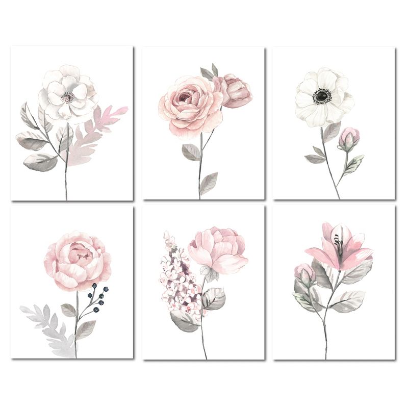 Lambs & Ivy Watercolor Floral Unframed Nursery Child Wall Art 6pc - Pink/Gray, 1 of 8