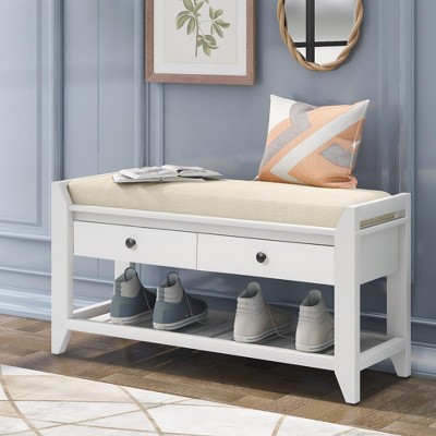 KWPZQEB Shoe Bench with Storage, 2-Tier Storage Bench with Padded Seat Cushion and Drawer, Retro Wooden Storage Bench for Entryway, Bedroom