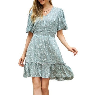 Whizmax Women's Summer Floral Short Sleeve V Neck A-Line Midi Dress Green L