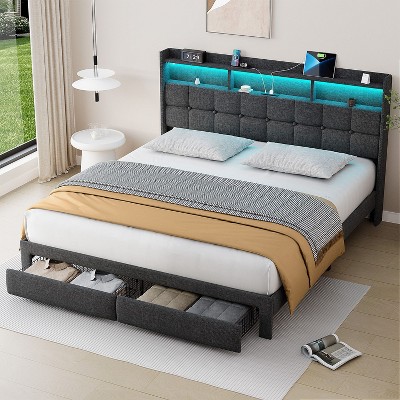 NicBex Full/Queen/King Upholstered Bed Frame with Storage Headboard and 2 Drawers,Platform Bed Frame with LED Light,Charging Station,Easy Assembly