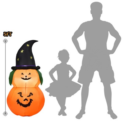 5 Ft Black and Orange Inflatable Pumpkin with Witch Hat